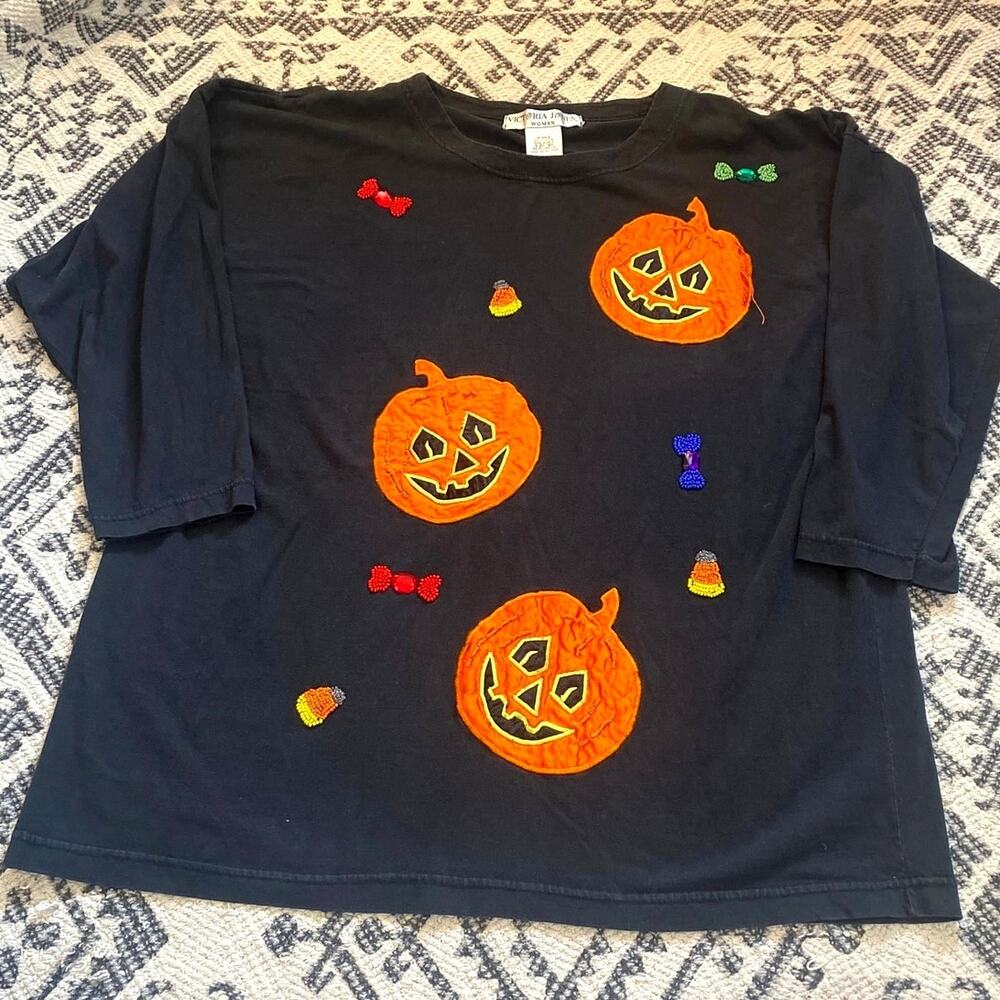 VTG Victoria Jones Woman 2X Halloween Pumpkin Beaded Top 3/4 Sleeve Faded Black